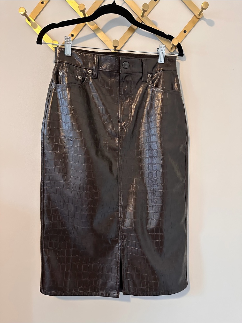 GAP Icon Denim Skirt Brown Croc Embossed Faux Leather Midi Pencil Sz 26 / 2